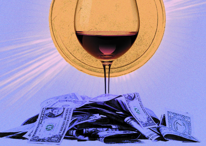 A wine glass filled with red wine sits atop a pile of U.S. dollar bills. The background is a vibrant mix of purple and yellow, with the wine glass casting a shadow that reflects the hues. The image juxtaposes luxury with financial elements. Fearrington Village